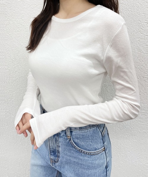 CEMONEMO(セモネモ)の「無地 リブ Uネック 長袖 Tシャツ(Tシャツ/カットソー・レディース・ホワイト/ブラック・FREE)」の2枚目の写真