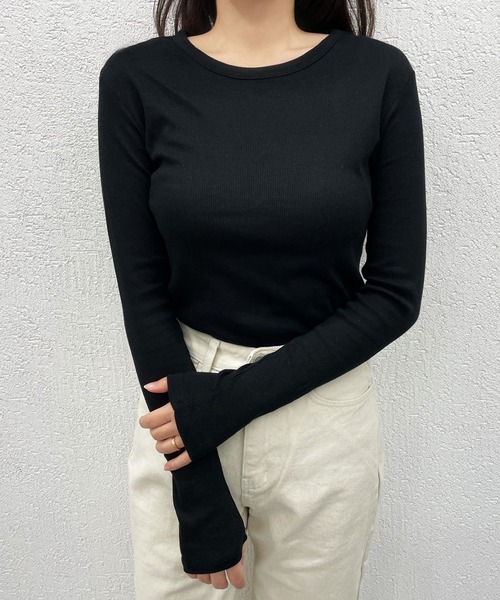 CEMONEMO(セモネモ)の「無地 リブ Uネック 長袖 Tシャツ(Tシャツ/カットソー・レディース・ホワイト/ブラック・FREE)」の9枚目の写真