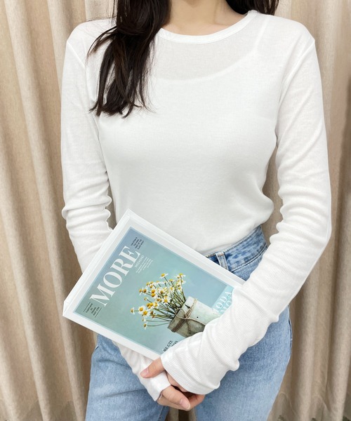 CEMONEMO(セモネモ)の「無地 リブ Uネック 長袖 Tシャツ(Tシャツ/カットソー・レディース・ホワイト/ブラック・FREE)」の4枚目の写真