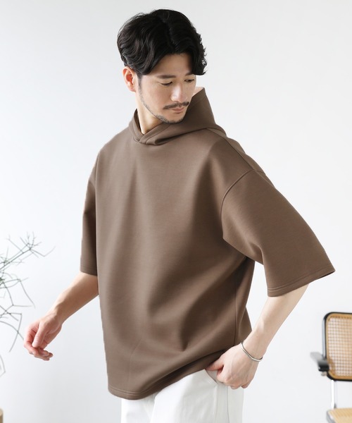 SPU（スプ）の「ハイポンチ半袖プルパーカー（パーカー・メンズ・ネイビー/カーキ/ベージュ/ブラック/ブラウン/グレー/チャコール・M/L/XL/S）」の5枚目の写真