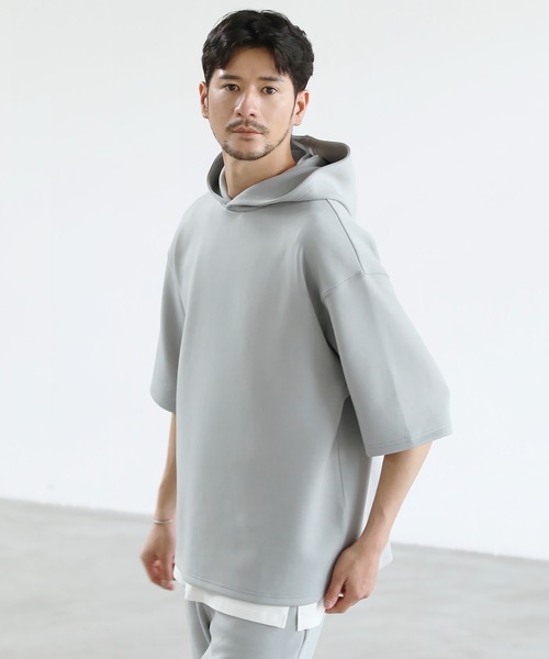 SPU（スプ）の「ハイポンチ半袖プルパーカー（パーカー・メンズ・ネイビー/カーキ/ベージュ/ブラック/ブラウン/グレー/チャコール・M/L/XL/S）」の3枚目の写真