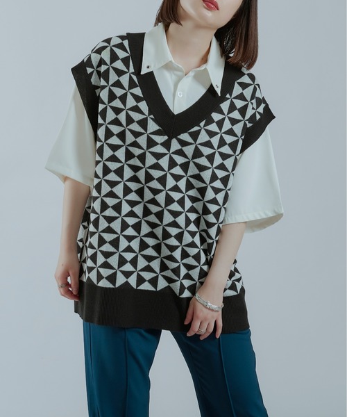 Ellno Loset（エルノロゼット）の「柄ニットベスト（ベスト・メンズ・ブラック/ブラック系その他2/ブラック系その他・MEDIUM/LARGE）」の7枚目の写真