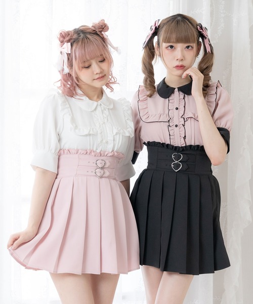 MARS♡ゴールドハートバックル付きピンクリボンベルト♡ミニスカート♡黒M♡訳有 MARS♡ゴールドハートバックル付きピンクリボンベルト♡ミニスカート