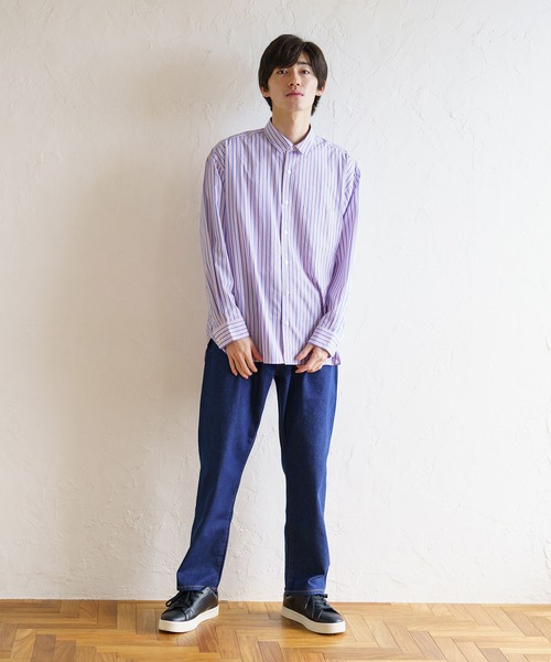 BRICK & SONS（ブリックアンドサンズ）の「リラックスバックプリーツシャツ＜サックスレッドストライプ＞（シャツ/ブラウス・メンズ・サックスブルー・LL/S/M/L/XS）」の4枚目の写真