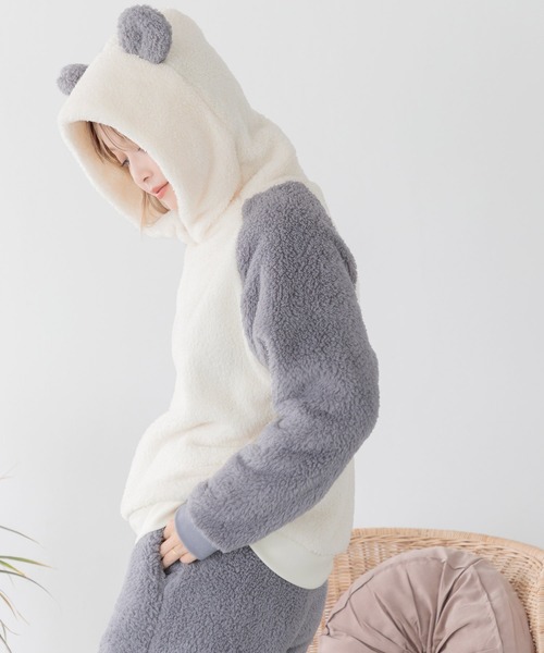 Dita(ディータ)の「ぷっくり耳付き。パンダ耳ファー起毛パーカーセットアップ(ルームウェア/パジャマ・レディース・ミント/グレイッシュベージュ/ピンク/ブルーグレー/スモークピンク/アッシュブラウン/グレー/サックスブルー・FREE)」の10枚目の写真