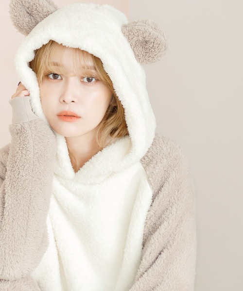 Dita(ディータ)の「ぷっくり耳付き。パンダ耳ファー起毛パーカーセットアップ(ルームウェア/パジャマ・レディース・ミント/グレイッシュベージュ/ピンク/ブルーグレー/スモークピンク/アッシュブラウン/グレー/サックスブルー・FREE)」の16枚目の写真
