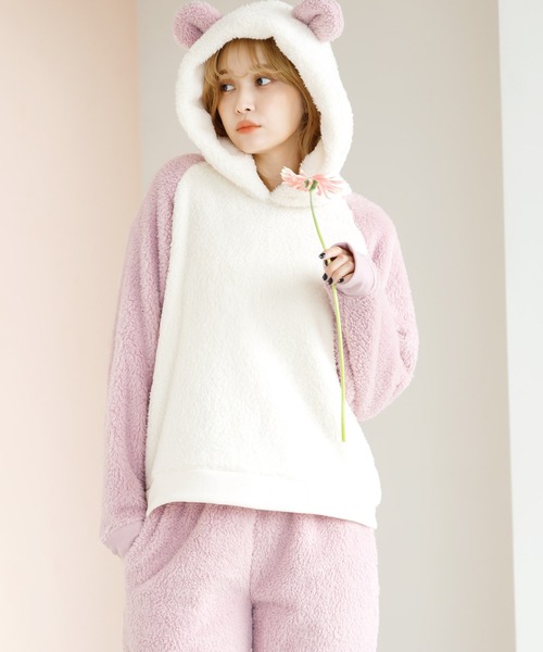 Dita(ディータ)の「ぷっくり耳付き。パンダ耳ファー起毛パーカーセットアップ(ルームウェア/パジャマ・レディース・ミント/グレイッシュベージュ/ピンク/ブルーグレー/スモークピンク/アッシュブラウン/グレー/サックスブルー・FREE)」の21枚目の写真