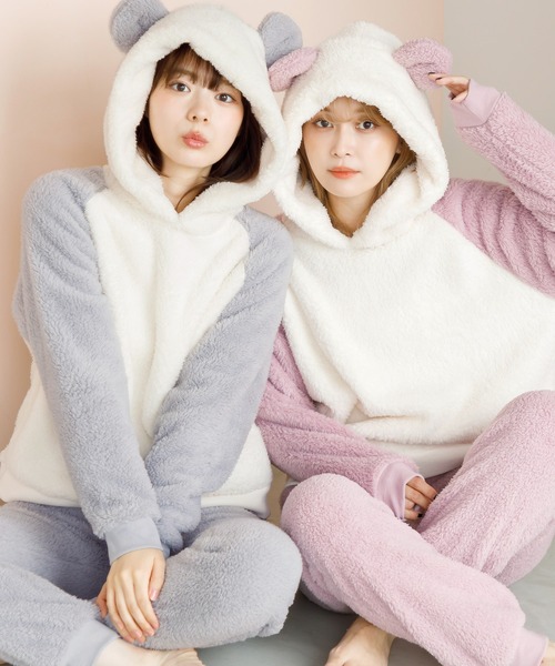 Dita(ディータ)の「ぷっくり耳付き。パンダ耳ファー起毛パーカーセットアップ(ルームウェア/パジャマ・レディース・ミント/グレイッシュベージュ/ピンク/ブルーグレー/スモークピンク/アッシュブラウン/グレー/サックスブルー・FREE)」の22枚目の写真