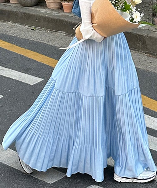 DAY CLOSET(デイ クローゼット)の「レディース ロング丈ティアードプリーツスカート(スカート・レディース・ライトブルー/ラベンダー/ベージュ/ネイビー・M)」の10枚目の写真