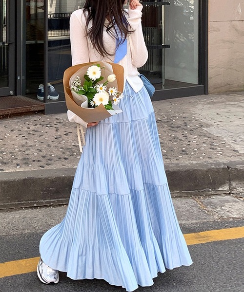 DAY CLOSET(デイ クローゼット)の「レディース ロング丈ティアードプリーツスカート(スカート・レディース・ライトブルー/ラベンダー/ベージュ/ネイビー・M)」の11枚目の写真