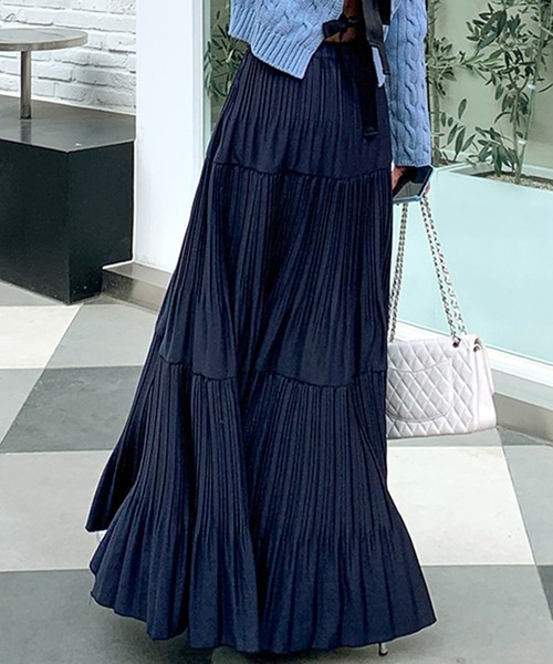 DAY CLOSET(デイ クローゼット)の「レディース ロング丈ティアードプリーツスカート(スカート・レディース・ライトブルー/ラベンダー/ベージュ/ネイビー・M)」の15枚目の写真