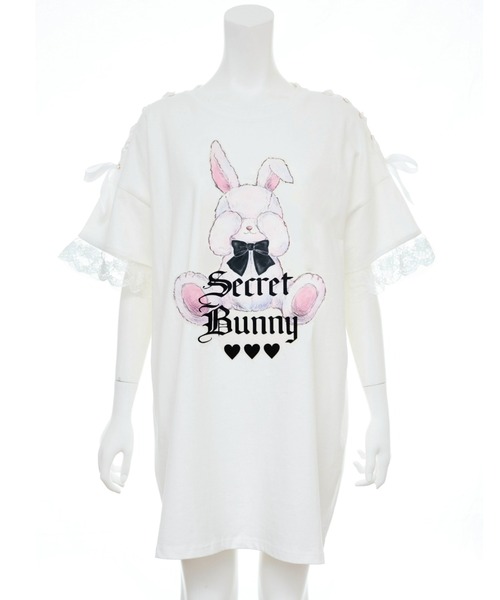 シークレットハニー Secret Honey 肩レースアップうさぎプリントTシャツ （Mホワイト） Secret Honey tシャツ 肩レースアップうさぎプリントTシャツ