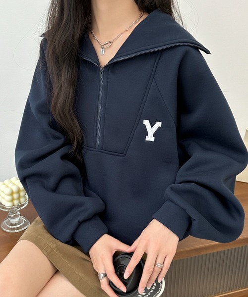 BANNER SELECT（バナーセレクト）の「ハーフジップワンポイントロゴ刺繍裏起毛トレーナー（スウェット・レディース・ホワイト/ブラック/グレー/ダークグレー/ネイビー・FREE）」の5枚目の写真