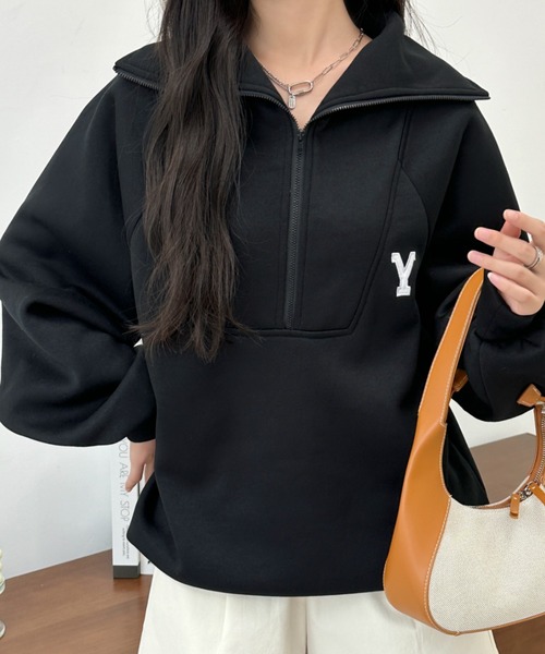 BANNER SELECT（バナーセレクト）の「ハーフジップワンポイントロゴ刺繍裏起毛トレーナー（スウェット・レディース・ホワイト/ブラック/グレー/ダークグレー/ネイビー・FREE）」の3枚目の写真