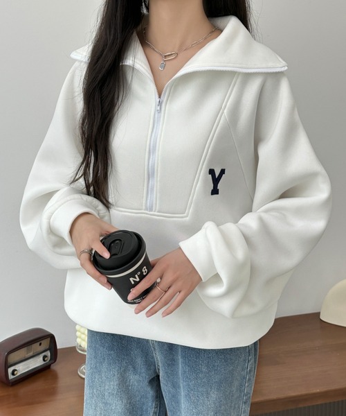 BANNER SELECT（バナーセレクト）の「ハーフジップワンポイントロゴ刺繍裏起毛トレーナー（スウェット・レディース・ホワイト/ブラック/グレー/ダークグレー/ネイビー・FREE）」の10枚目の写真