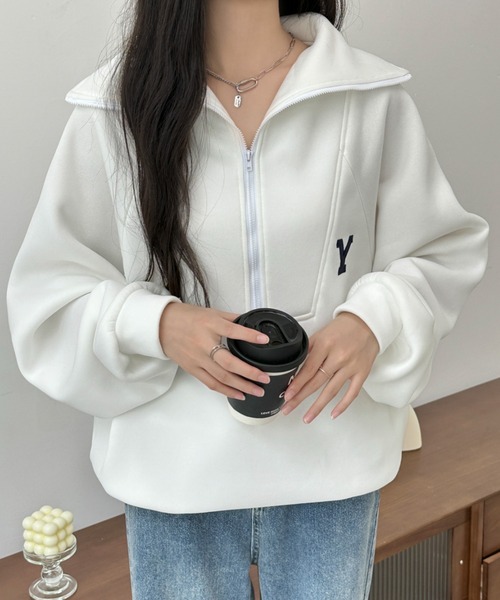 BANNER SELECT（バナーセレクト）の「ハーフジップワンポイントロゴ刺繍裏起毛トレーナー（スウェット・レディース・ホワイト/ブラック/グレー/ダークグレー/ネイビー・FREE）」の20枚目の写真