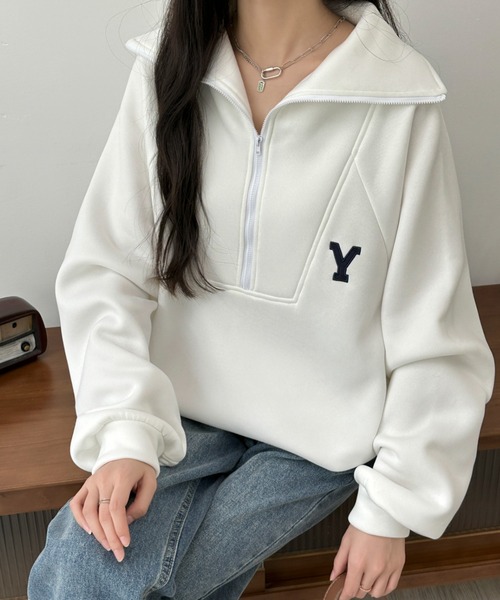 BANNER SELECT（バナーセレクト）の「ハーフジップワンポイントロゴ刺繍裏起毛トレーナー（スウェット・レディース・ホワイト/ブラック/グレー/ダークグレー/ネイビー・FREE）」の13枚目の写真