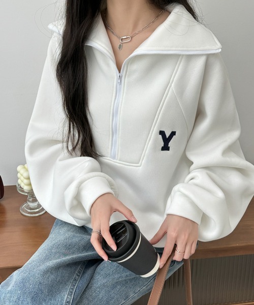 BANNER SELECT（バナーセレクト）の「ハーフジップワンポイントロゴ刺繍裏起毛トレーナー（スウェット・レディース・ホワイト/ブラック/グレー/ダークグレー/ネイビー・FREE）」の15枚目の写真