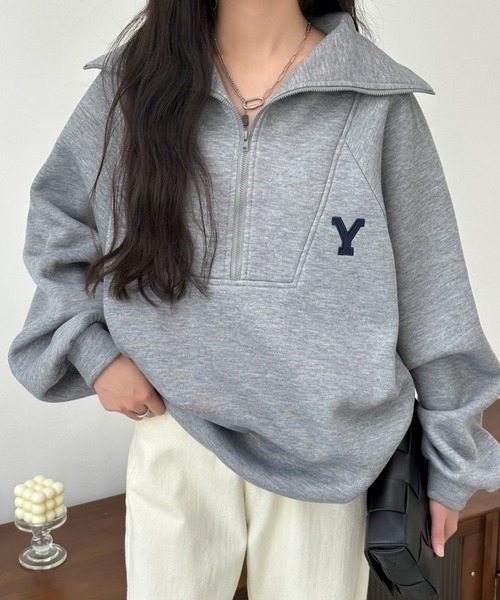 BANNER SELECT（バナーセレクト）の「ハーフジップワンポイントロゴ刺繍裏起毛トレーナー（スウェット・レディース・ホワイト/ブラック/グレー/ダークグレー/ネイビー・FREE）」の8枚目の写真
