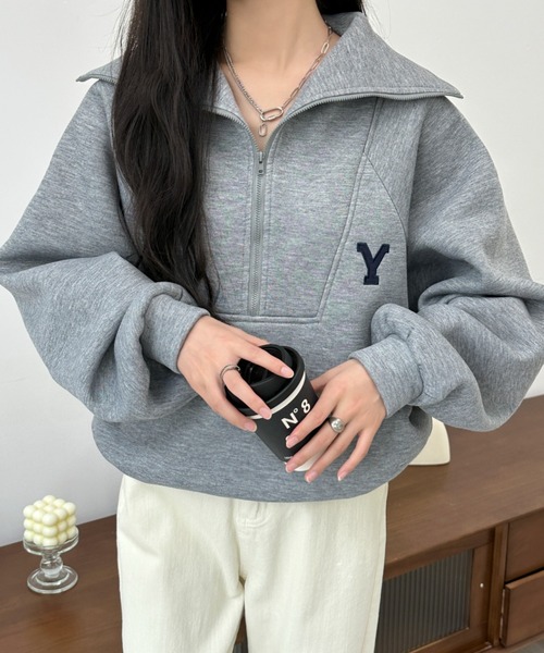 BANNER SELECT（バナーセレクト）の「ハーフジップワンポイントロゴ刺繍裏起毛トレーナー（スウェット・レディース・ホワイト/ブラック/グレー/ダークグレー/ネイビー・FREE）」の18枚目の写真