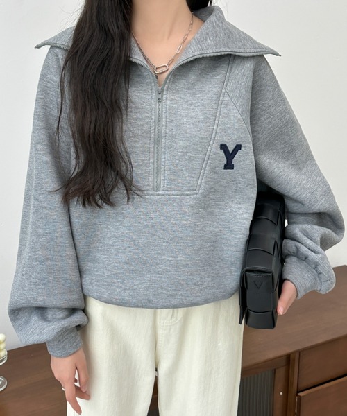 BANNER SELECT（バナーセレクト）の「ハーフジップワンポイントロゴ刺繍裏起毛トレーナー（スウェット・レディース・ホワイト/ブラック/グレー/ダークグレー/ネイビー・FREE）」の11枚目の写真