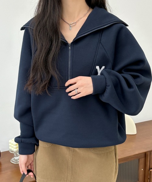 BANNER SELECT（バナーセレクト）の「ハーフジップワンポイントロゴ刺繍裏起毛トレーナー（スウェット・レディース・ホワイト/ブラック/グレー/ダークグレー/ネイビー・FREE）」の7枚目の写真
