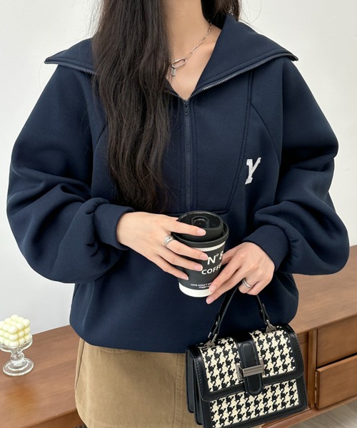 BANNER SELECT（バナーセレクト）の「ハーフジップワンポイントロゴ刺繍裏起毛トレーナー（スウェット・レディース・ホワイト/ブラック/グレー/ダークグレー/ネイビー・FREE）」の22枚目の写真