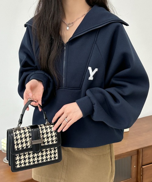 BANNER SELECT（バナーセレクト）の「ハーフジップワンポイントロゴ刺繍裏起毛トレーナー（スウェット・レディース・ホワイト/ブラック/グレー/ダークグレー/ネイビー・FREE）」の17枚目の写真