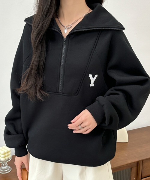 BANNER SELECT（バナーセレクト）の「ハーフジップワンポイントロゴ刺繍裏起毛トレーナー（スウェット・レディース・ホワイト/ブラック/グレー/ダークグレー/ネイビー・FREE）」の9枚目の写真