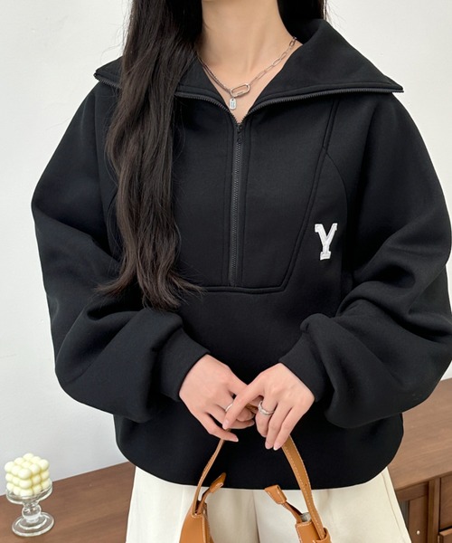BANNER SELECT（バナーセレクト）の「ハーフジップワンポイントロゴ刺繍裏起毛トレーナー（スウェット・レディース・ホワイト/ブラック/グレー/ダークグレー/ネイビー・FREE）」の19枚目の写真