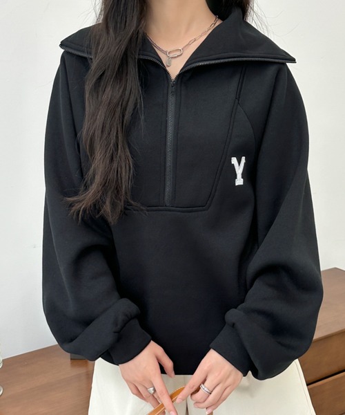 BANNER SELECT（バナーセレクト）の「ハーフジップワンポイントロゴ刺繍裏起毛トレーナー（スウェット・レディース・ホワイト/ブラック/グレー/ダークグレー/ネイビー・FREE）」の12枚目の写真