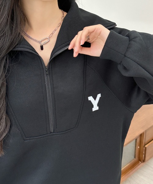 BANNER SELECT（バナーセレクト）の「ハーフジップワンポイントロゴ刺繍裏起毛トレーナー（スウェット・レディース・ホワイト/ブラック/グレー/ダークグレー/ネイビー・FREE）」の14枚目の写真