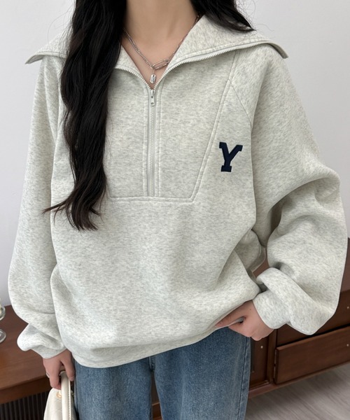 BANNER SELECT（バナーセレクト）の「ハーフジップワンポイントロゴ刺繍裏起毛トレーナー（スウェット・レディース・ホワイト/ブラック/グレー/ダークグレー/ネイビー・FREE）」の6枚目の写真