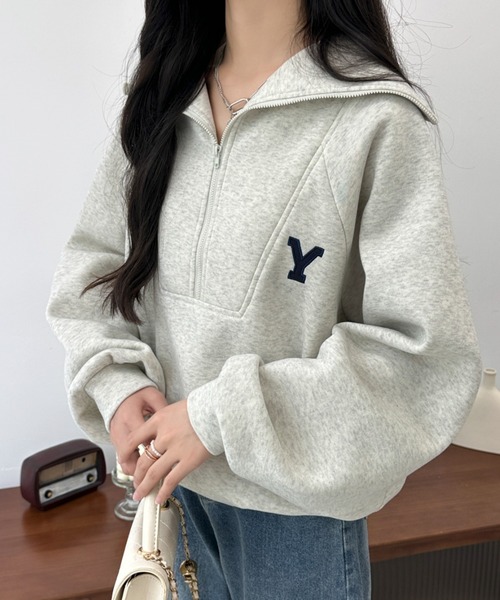 BANNER SELECT（バナーセレクト）の「ハーフジップワンポイントロゴ刺繍裏起毛トレーナー（スウェット・レディース・ホワイト/ブラック/グレー/ダークグレー/ネイビー・FREE）」の21枚目の写真