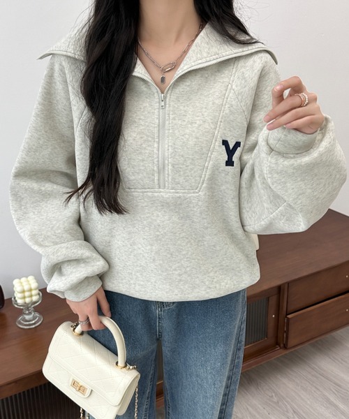 BANNER SELECT（バナーセレクト）の「ハーフジップワンポイントロゴ刺繍裏起毛トレーナー（スウェット・レディース・ホワイト/ブラック/グレー/ダークグレー/ネイビー・FREE）」の16枚目の写真