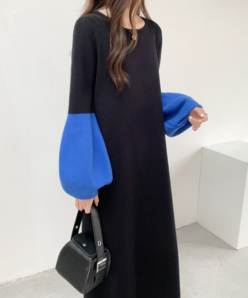 ABITOKYO（アビトーキョー）の「バイカラーボリュウームスリーブニットワンピース（ワンピース・レディース・ブラック/グレー/ベージュ・FREE）」の7枚目の写真