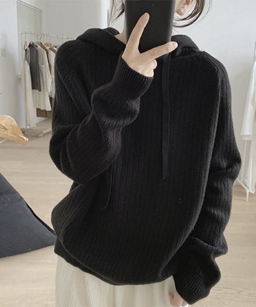 gossip!ロサンゼルス(ゴシップロサンゼルス)の「YUGA フード付きプルオーバー(ニット/セーター・レディース・グレー/ブラック/ブルー/ブラウン/ベージュ・FREE)」の1枚目の写真