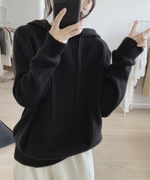 gossip!ロサンゼルス(ゴシップロサンゼルス)の「YUGA フード付きプルオーバー(ニット/セーター・レディース・グレー/ブラック/ブルー/ブラウン/ベージュ・FREE)」の6枚目の写真