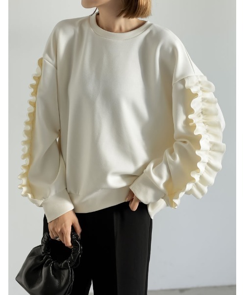 Re:EDIT（リエディ）の「クルーネックフリルスリーブダンボールトップス（スウェット・レディース・グレー/ホワイト系/ブラック・MEDIUM/LARGE）」の16枚目の写真