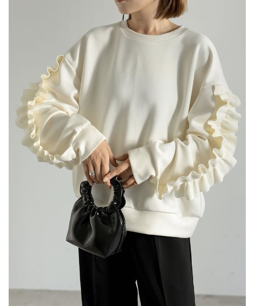 Re:EDIT（リエディ）の「クルーネックフリルスリーブダンボールトップス（スウェット・レディース・グレー/ホワイト系/ブラック・MEDIUM/LARGE）」の17枚目の写真