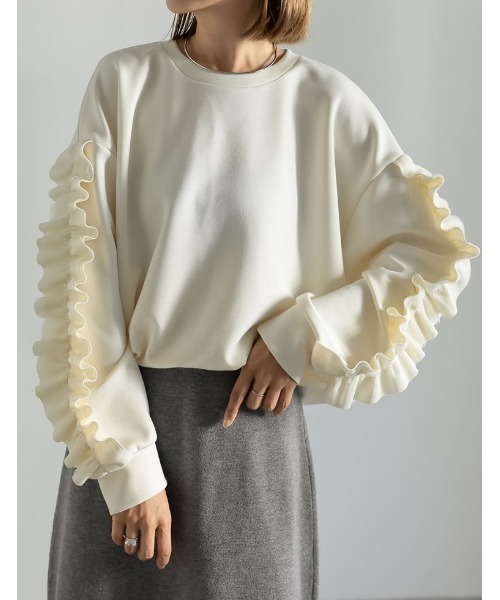 Re:EDIT（リエディ）の「クルーネックフリルスリーブダンボールトップス（スウェット・レディース・グレー/ホワイト系/ブラック・MEDIUM/LARGE）」の22枚目の写真