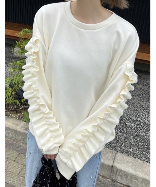 Re:EDIT（リエディ）の「クルーネックフリルスリーブダンボールトップス（スウェット・レディース・グレー/ホワイト系/ブラック・MEDIUM/LARGE）」の10枚目の写真