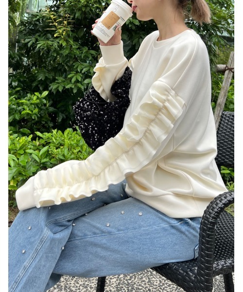 Re:EDIT（リエディ）の「クルーネックフリルスリーブダンボールトップス（スウェット・レディース・グレー/ホワイト系/ブラック・MEDIUM/LARGE）」の11枚目の写真