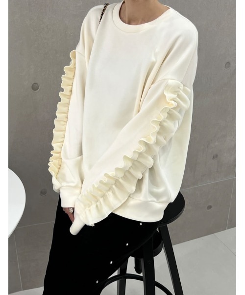 Re:EDIT（リエディ）の「クルーネックフリルスリーブダンボールトップス（スウェット・レディース・グレー/ホワイト系/ブラック・MEDIUM/LARGE）」の13枚目の写真