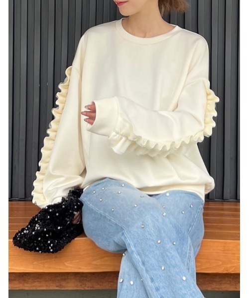 Re:EDIT（リエディ）の「クルーネックフリルスリーブダンボールトップス（スウェット・レディース・グレー/ホワイト系/ブラック・MEDIUM/LARGE）」の9枚目の写真