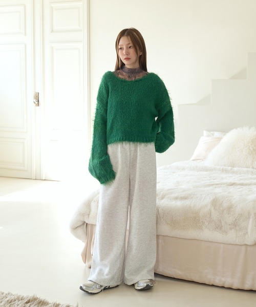 UNE MANSION（ユヌマンション）の「【男女兼用ユニセックス】【 足長効果あり】【起毛仕様】【パンツストリングで調節可能】足長美脚シルエットワイドストレートストリング起毛スウェットパンツ（スウェットパンツ・レディース・グリーン/ピンク/グレー/ブラック/ライトグレー/ネイビー/ライトピンク・FREE）」の17枚目の写真