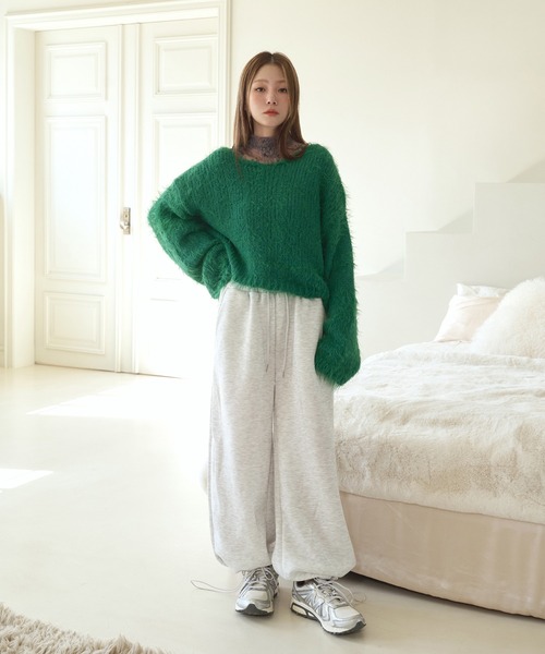 UNE MANSION（ユヌマンション）の「【男女兼用ユニセックス】【 足長効果あり】【起毛仕様】【パンツストリングで調節可能】足長美脚シルエットワイドストレートストリング起毛スウェットパンツ（スウェットパンツ・レディース・グリーン/ピンク/グレー/ブラック/ライトグレー/ネイビー/ライトピンク・FREE）」の13枚目の写真