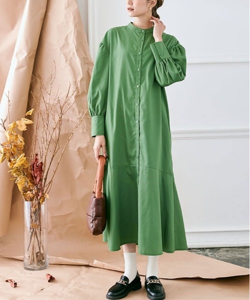 kirakiraShop(キラキラショップ)の「バンドカラー マーメイド シャツ ワンピース(シャツワンピース・レディース・ブラック/ベージュ/グリーン/キャメル/テラコッタ・FREE)」の5枚目の写真