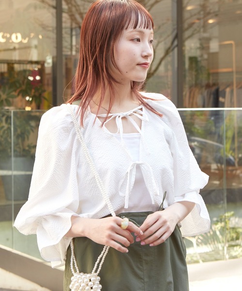 w closet（ダブルクローゼット）の「【２WAY】リボンレース付きギンガムプルオーバー（シャツ/ブラウス・レディース・ブラック/サックスブルー/オフホワイト・FREE）」の4枚目の写真