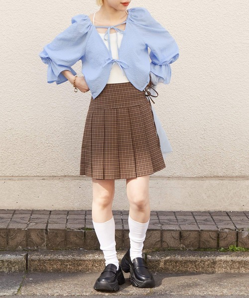 w closet（ダブルクローゼット）の「【２WAY】リボンレース付きギンガムプルオーバー（シャツ/ブラウス・レディース・ブラック/サックスブルー/オフホワイト・FREE）」の5枚目の写真